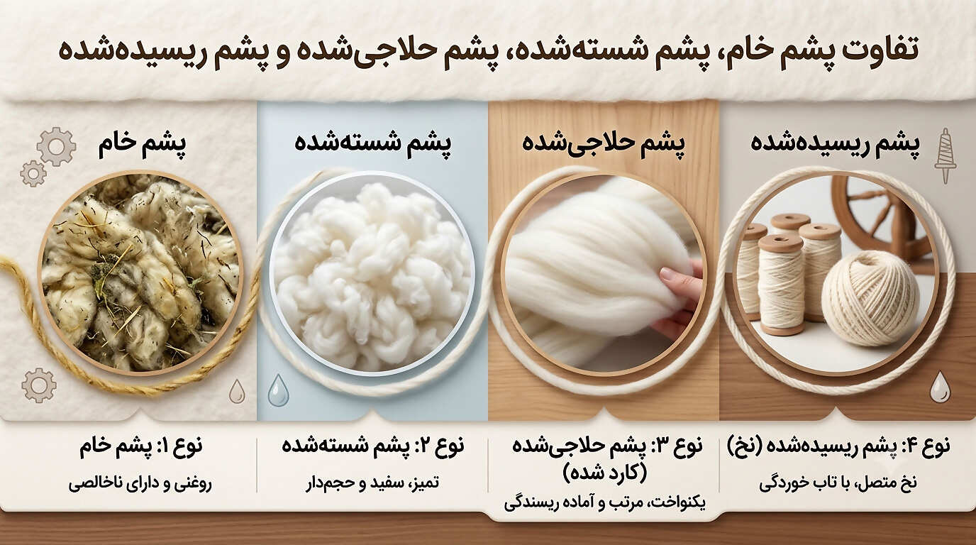 تفاوت پشم خام، شسته‌شده، حلاجی‌شده و ریسیده‌شده